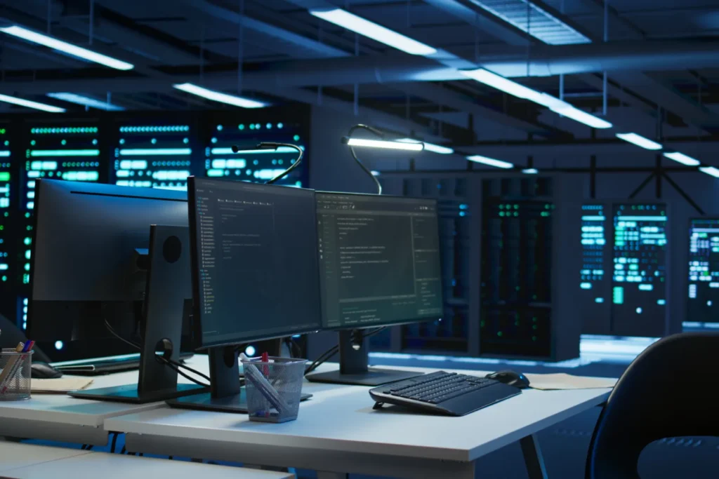 Arbeitsplätze mit mehreren Monitoren in einem Rechenzentrum