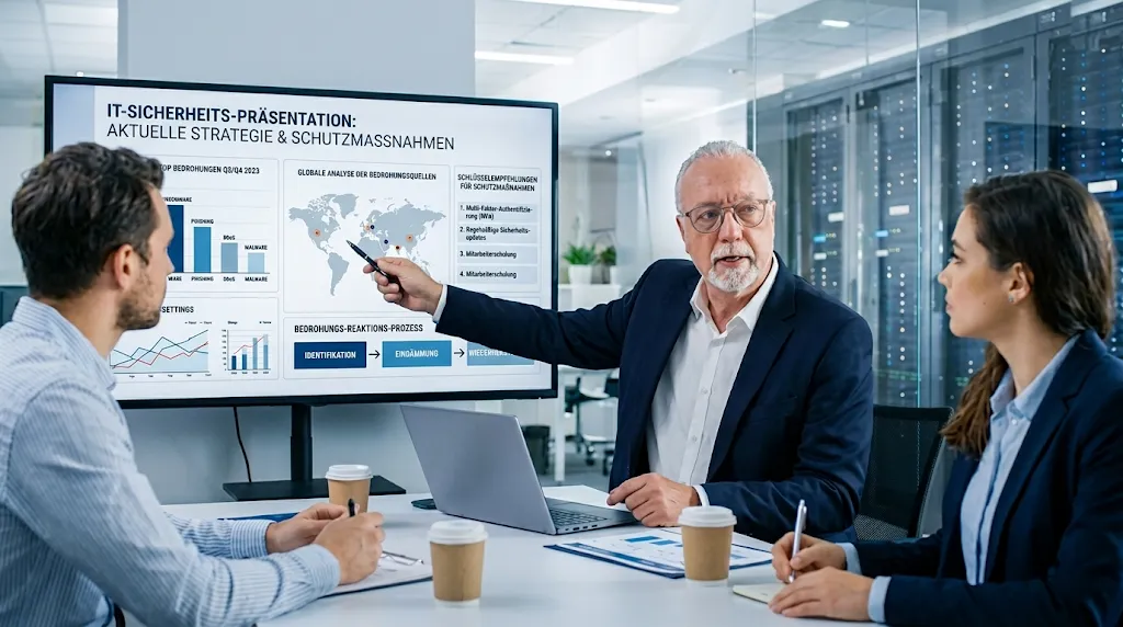 KI-generierte Darstellung: Präsentation zu IT-Sicherheitsstrategie und Schutzmaßnahmen vor zwei Zuhörern